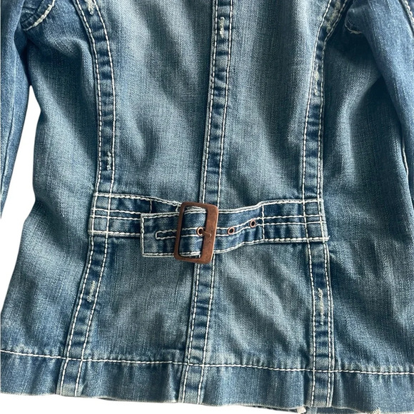 True Religion Distressed Moto Blue Denim Women's Jacket Size Small - Picture 5 of 8